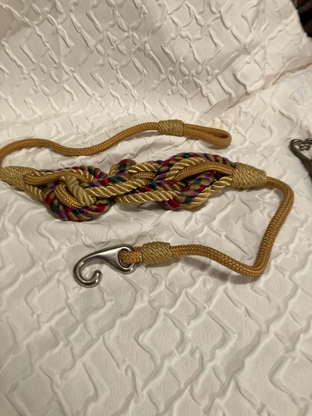 Vintage 80s Nautical Braided Rope Belt with Snap Hook Closure - Gold Multi-Color